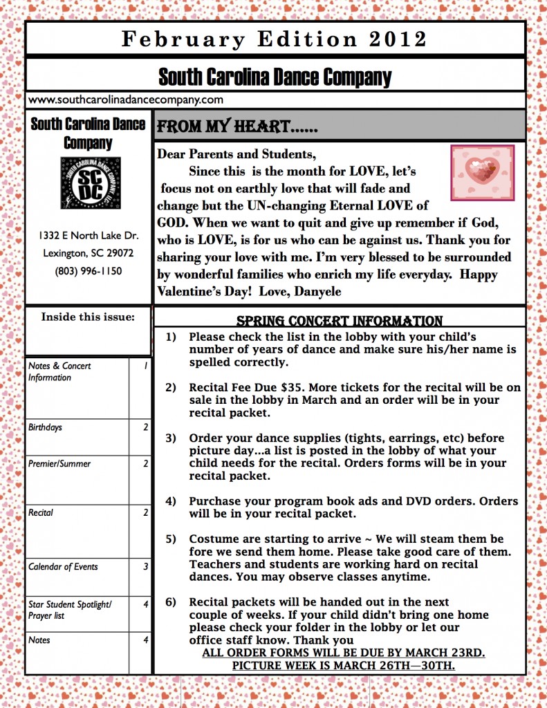 South Carolina Dance Company's February Newsletter 2012 page 1